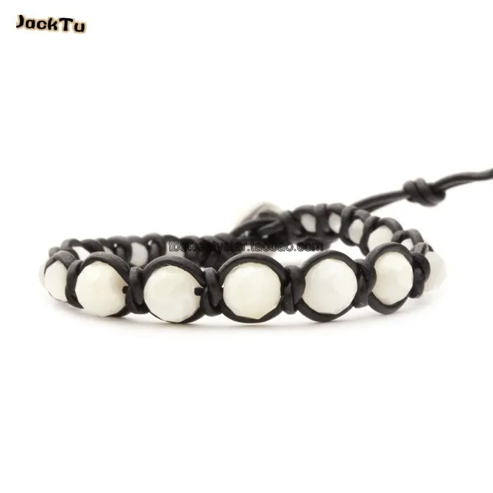 

Free shipping mother of pearl black leather wrap bracelet for women