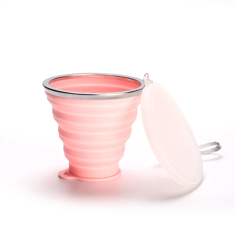 250ML Silicone Travel Cup Retractable Folding Tea Cup Collapsible Coffee Cups With Dustproof Cover Lid Outdoor Sports Water Cup - Color: pink