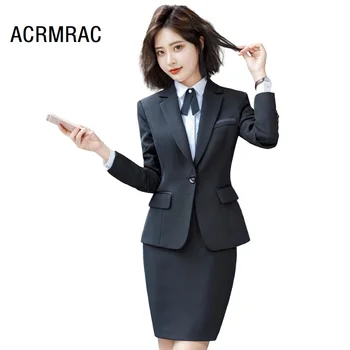 

ACRMRAC Women Formal wear Long sleeves Solid color Slim Single Button OL Formal Pant Suits business attire