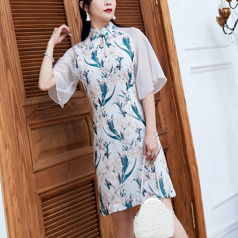 

2019 Summer Latest Blue leaves printing Chinese cheongsam dress
