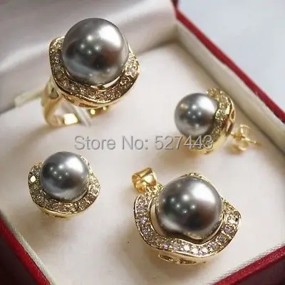 

Wholesale hot sale >>10mm &14mm gray South sea Shell Pearl Earrings Necklace Ring Set