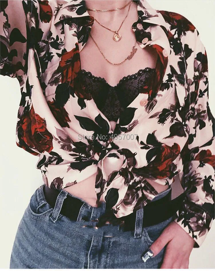 

Top Version Silk 100% Vintage Floral Printed Lapel Shirt Top - Elfbop Long Sleeve Blouse Shirt