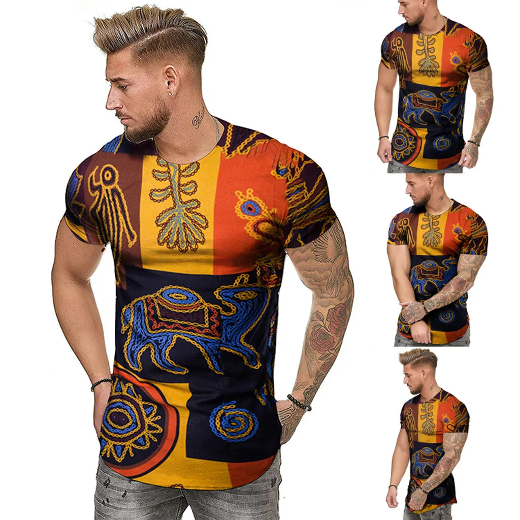 Модный мужской Летний Тонкий Повседневный Африканский принт с круглым вырезом