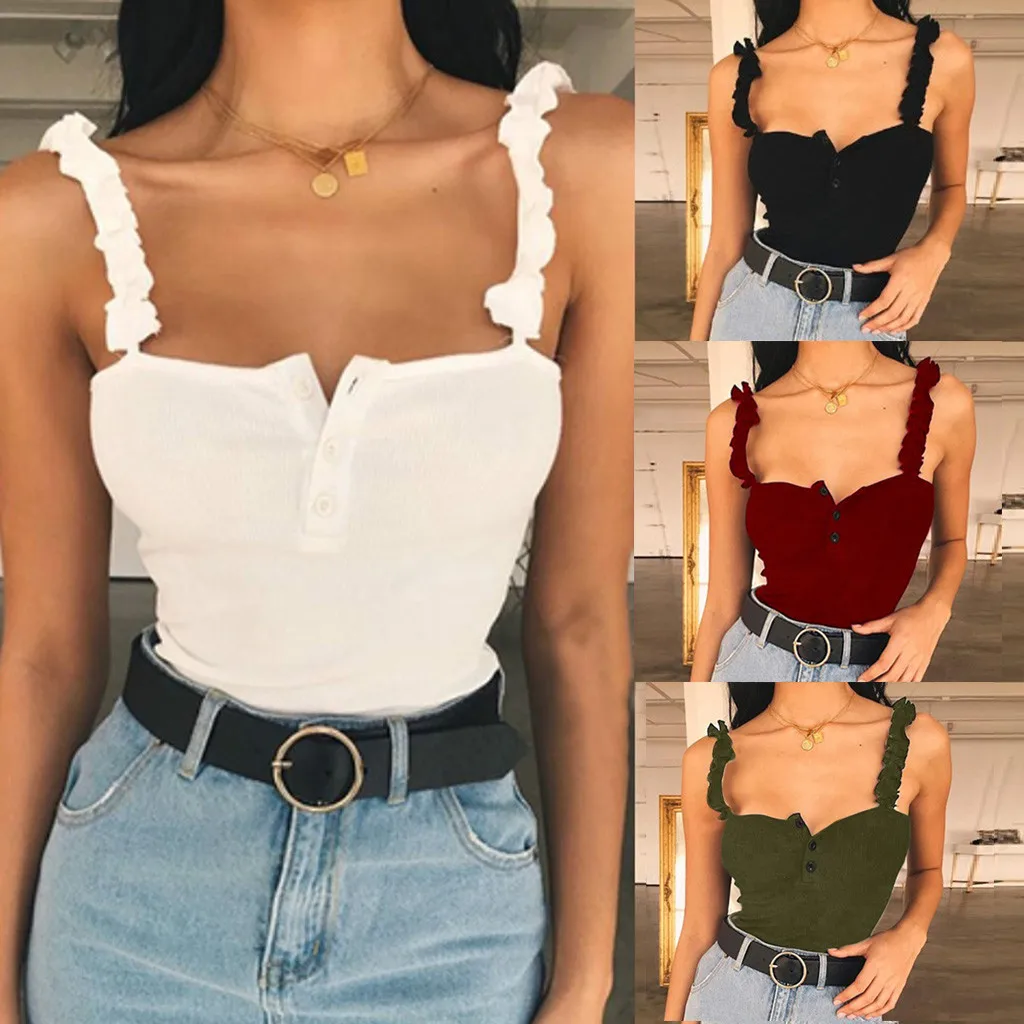 

MUQGEW Feminino Vestido Fashion Womens Sexy Button Tank Top Vest Off Shoulder Halter Blouse Red Black Green White S-XL