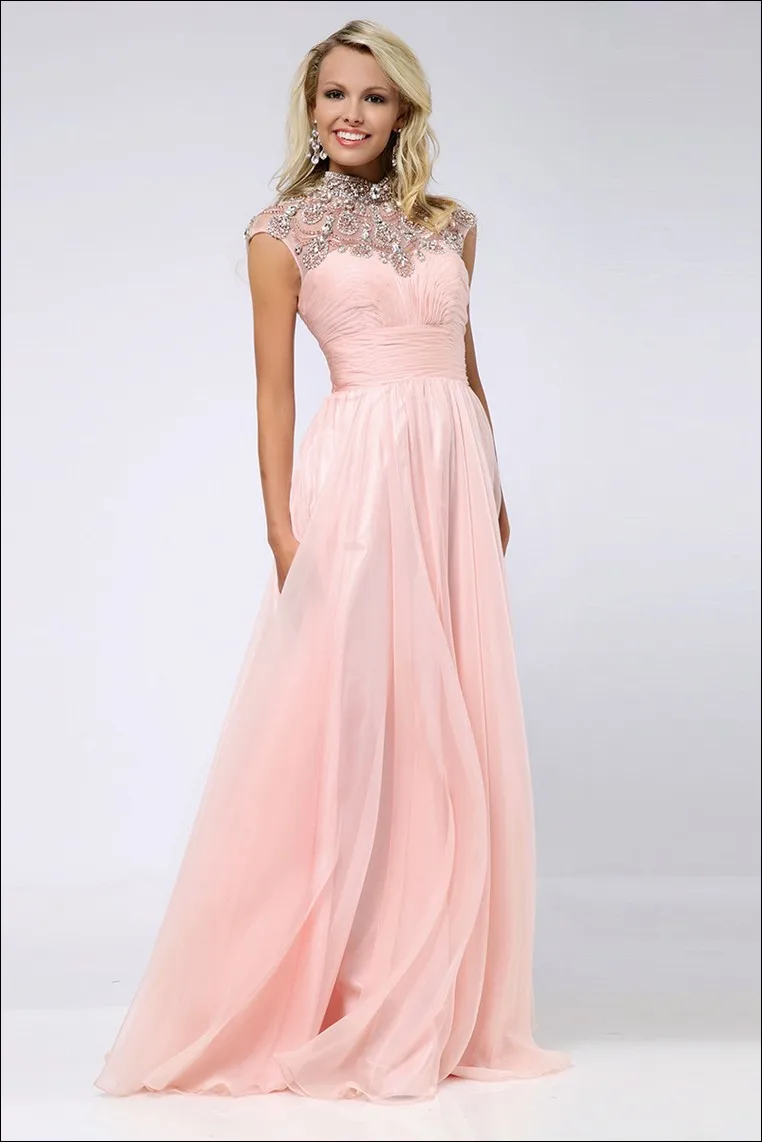 2015 High Neck Prom Dresses A Line Chiffon Peach Crystal 