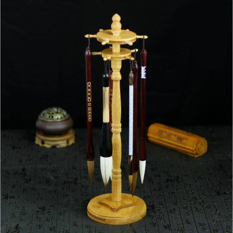 

Double Rotating Bamboo Disk Round Pen Holder Study Four Treasures Chinese Painting Brush Holder 11 Hangers Pen Stand