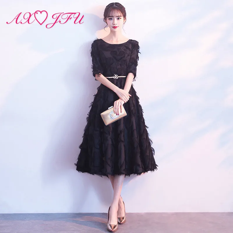 

AXJFU princess o neck black lace short evening dress vintage illusion half sleeve feather evening dress little black dress