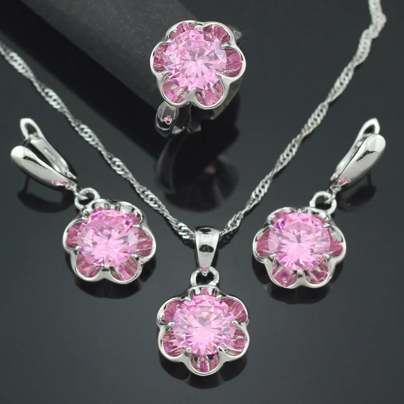 Amazing Jewelry Sets Pink Stone Women Necklace Pendant Hoop Earring