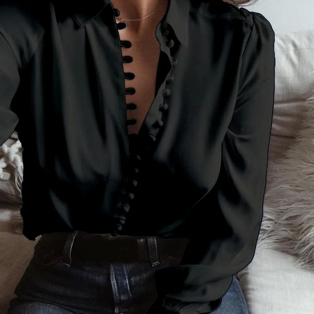 Женская модная повседневная однотонная блузка с длинным рукавом, рубашка с отворотом, блузка, рубашка, женская рубашка с отложным воротником, обычные блузы, летние рубашки - Цвет: Black