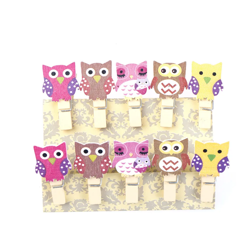 10pcs  Kawaii Owl Wooden Clip Photo Paper Craft DIY Clips with Hemp Rope