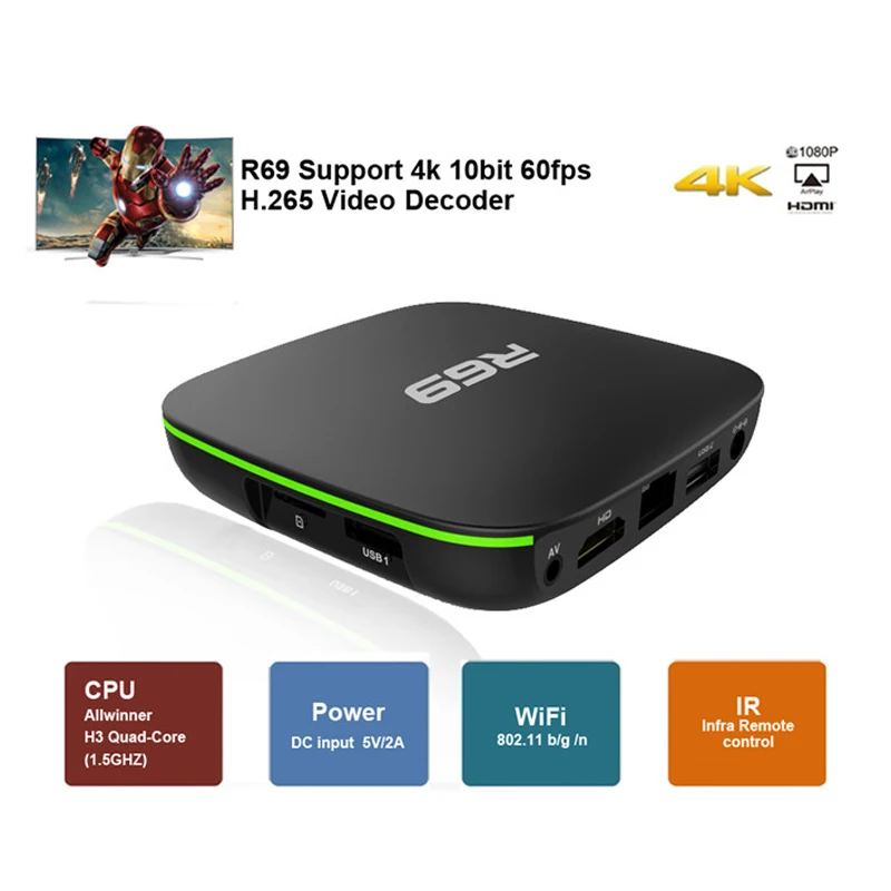 مصغرة R69 الروبوت 7.1 مربع التلفزيون الذكية 1 GB 8 GB Allwinner H3 رباعية النواة 2.4G Wifi مجموعة أعلى مربع 1080 P HD دعم 3D الفيلم Suppot علبة تلفزيون بروتوكول الإنت...