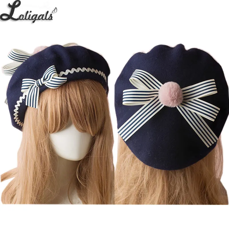 Ceny Słodki damski Lolita Sailor Beret Gothic wełniany Beret kapelusz z uroczymi kokardkami na zimę