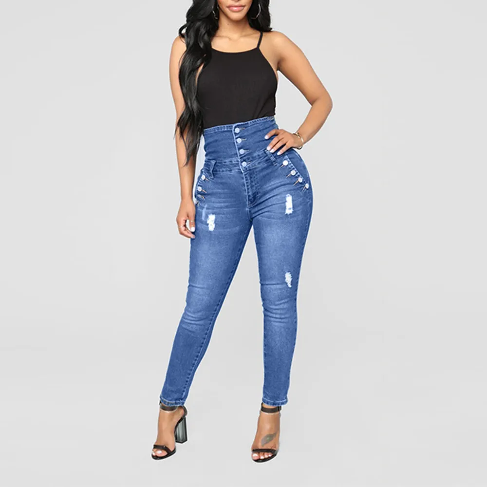 

High Waist Jeans Pants Women Long Denim Pant Button Office Lady Capris Zipper Slim Trousers Scratched Pantalones Plus Size New
