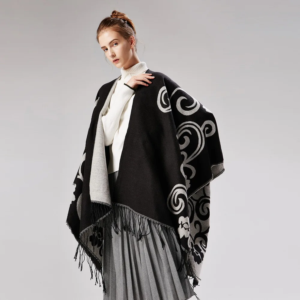 

Women Flower O-neck Poncho Warm Fashion Shawl Imitation Female Cashmere Capes Travel Capes Air Conditioning Cloak