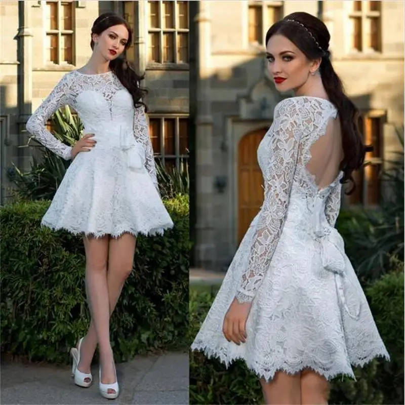 Womens Short Homecoming Dresses Long Sleeves Lace 2016 White Backless 