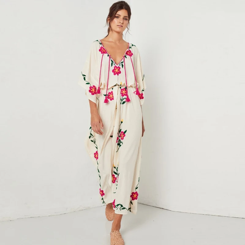 

Summer new Bohemian travel holiday sun protection smock island sand dress flower embroidered flower dress