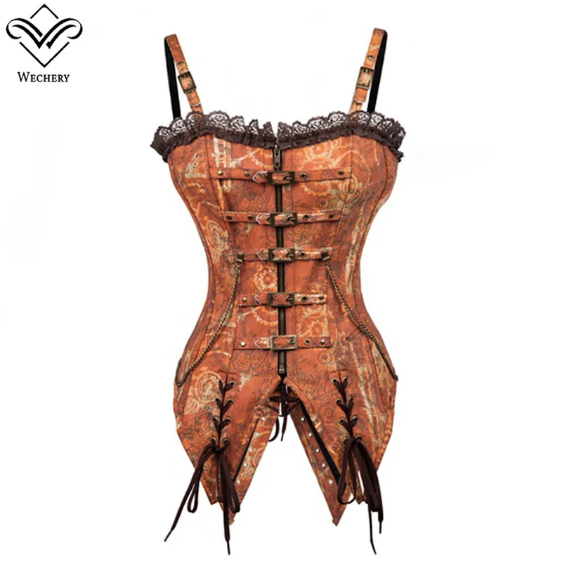 

Wechery Women Steampunk Corset Gothic Corsets and Bustiers Slimming Steel Boned Korset Leather Corselet Underbust Lace Corsage