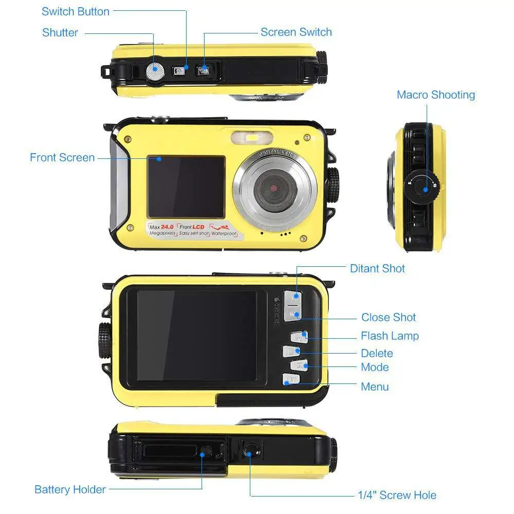 BEESCLOVER Full HD cámara Digital impermeable Cámara subacuática 24 MP grabadora de vídeo Selfie doble pantalla DV cámara de grabación r20