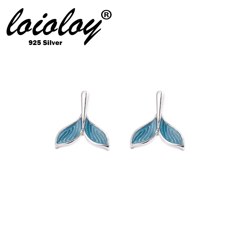 

Genunie small blue mermaid fishtail whale studs earrings for girls women female 925 silver jewelry