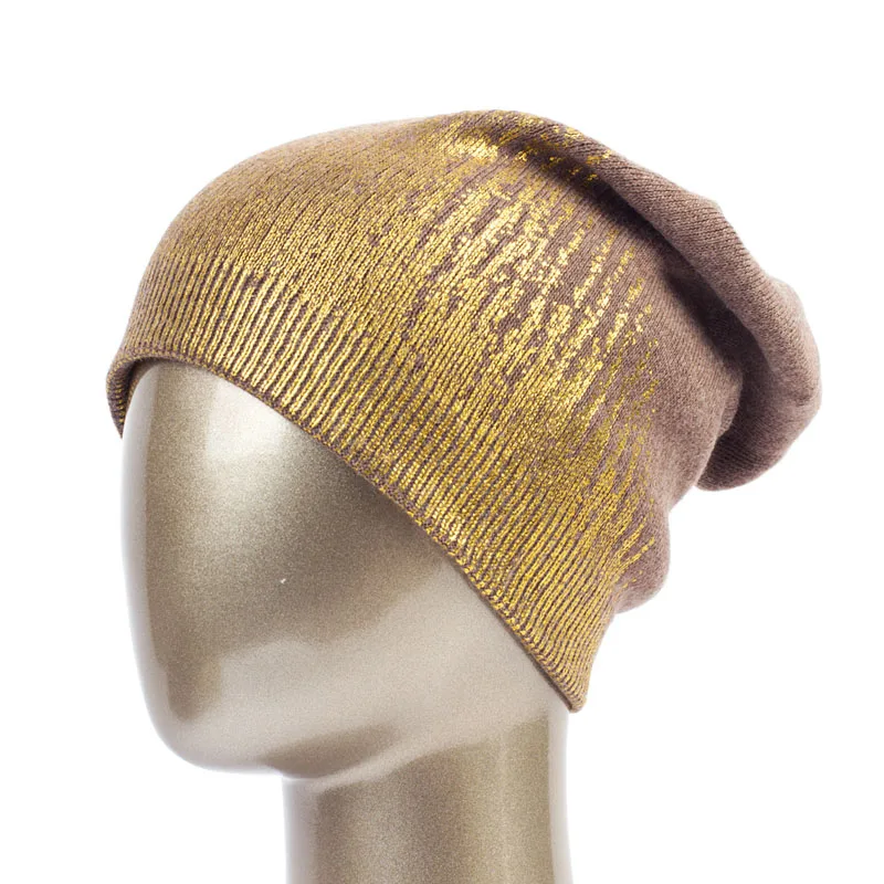 Geebro новые женские бронзовые и популярные серебряные женские шапочки с помпоном, весенние шерстяные вязаные шапки, Женская металлическая разноцветная Лыжная шапочка, шапка DQ180 - Цвет: Khaki Gold