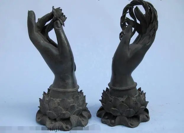 

China Buddhism Pure Bronze Buddha lotus flower Kwan-Yin Bodhisattva Hands pair