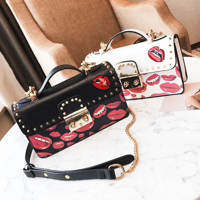 Online Korean Fashion Female Bag Brand Designer Rivet Crossbody Korean Fashion Female Bag Brand Designer Rivet Crossbody Y Lips Printing Handbags Shoulder Bags Chain Purse Sac