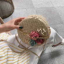 Круглая Соломенная Сумка для женщин, летняя мода, Ретро стиль, Цветочная плетеная Сумка, круговая цепь, сумки через плечо для женщин, сумка на плечо, плетеная Сумка