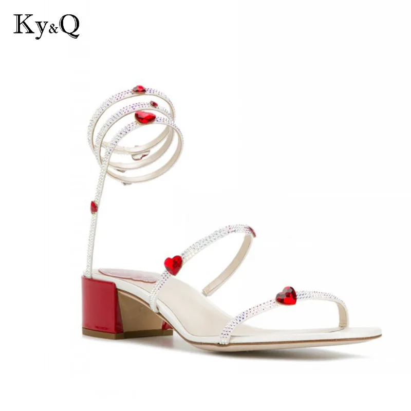 

Brands Women Heart Sandals Crystal Embellished Glitter Women Shoes Band Gladiator Med Heel Summer Shoes Pattern Party Shoes