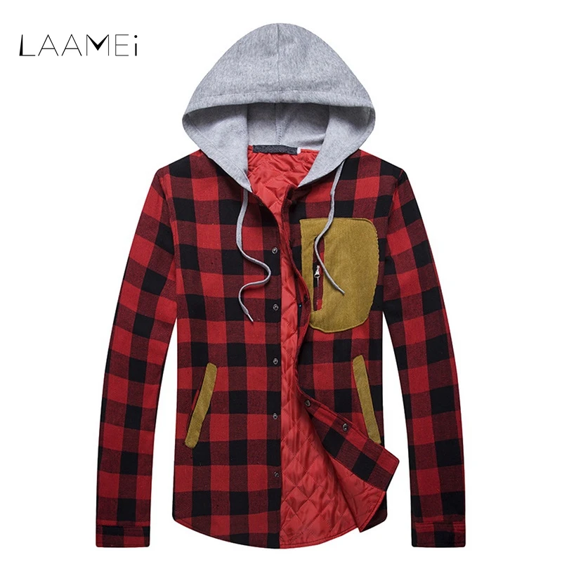 

LAAMEI Men Plaid Shirts 2018 Fashion Korean Wild Long Sleeve Flannel Hooded Shirts Casual Slim Fit Plus Size Cotton Men Clothes