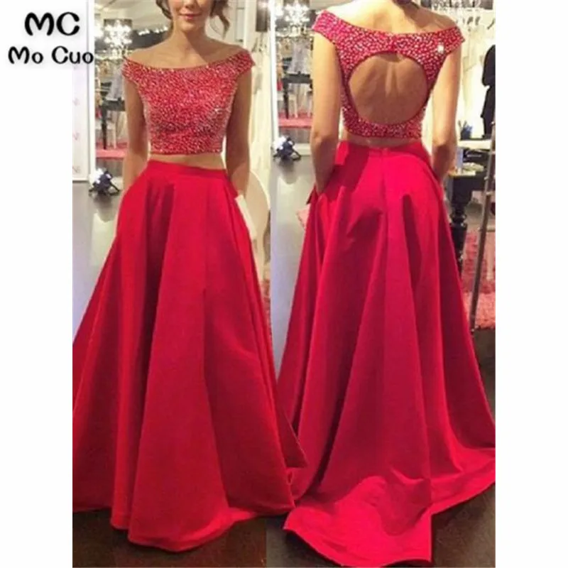 Open Back Two Pieces Beaded Long Prom Dress School Dance Dress Fashion Winter Formal Dress