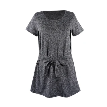 

Gray Print Women's Nightgowns Short Sleeve O-Neck Sashes Loose Sleepwear Night Dress Gown Female Nightwear Home Clothes