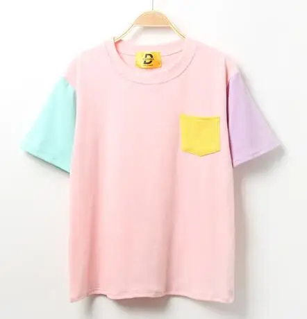 Женская футболка в стиле Панк Harajuku Ulzzang, школьная, карамельного цвета, с накладным карманом, женская, корейский кавайный милый топ и футболка для женщин - Цвет: Розовый