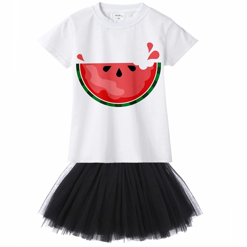 Летнее Детское платье для девочек с фруктовым арбузом Футболка с принтом арбуза+ платье 2 предмета, детская модная повседневная одежда для девочек
