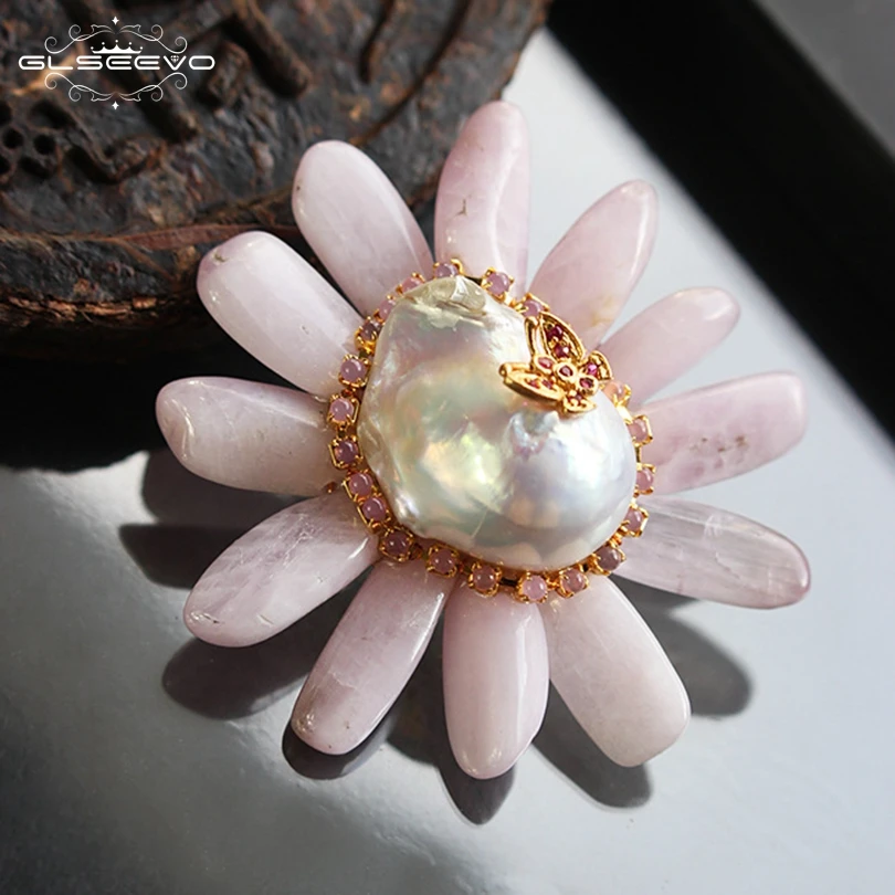 

GLSEEVO Natural Fresh Water Baroque Pearl Flower Brooch Pins Pink Crystal Brooches For Women Dual Use Luxury Jewelry GO0080