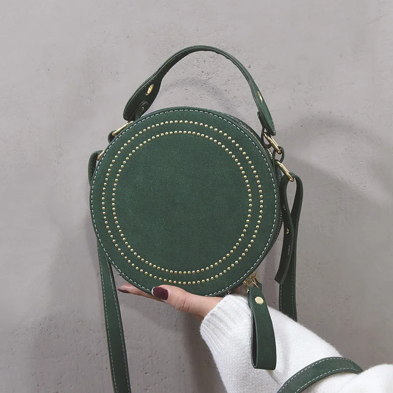 

Vintage Nubuck Leather Round Crossbody Bags For Women 2019 Ladies Rivets Purses and Handbags Female Small Circle Shoulder Bag