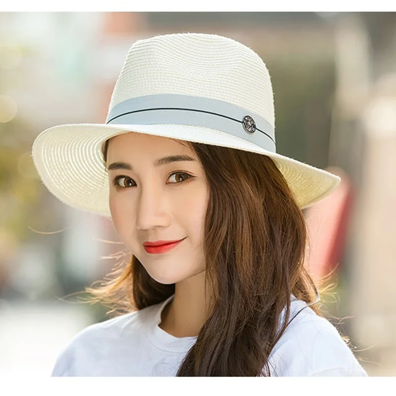 Sun Hat for sun hat sun protection hat Men Women Summer Casual Fashion Letter M Jazz Straw Beach Shade Panama Ymsaid