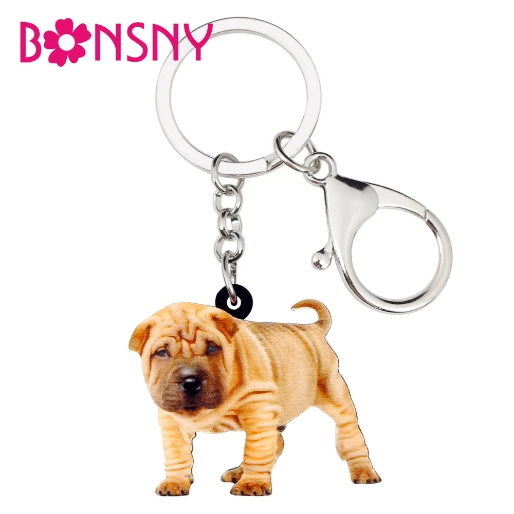 Bonsny акриловые китайские брелки для ключей в виде собаки шарпей, брелки, кольца, ювелирные изделия в виде животных для женщин, девушек, дамских сумок, автомобильные подвески