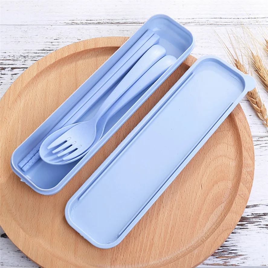 

New 3Pcs Portable Dinnerware Set New 1Set Reusable Spoon Fork Travel Chopsticks Wheat Straw Tableware Cutlery 0115#30