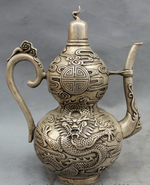 

JP S0608 9" Chinese Silver Cloud Myth Fly Dragon Head Statue Gourd Shape Wine Pot Teapot B0403
