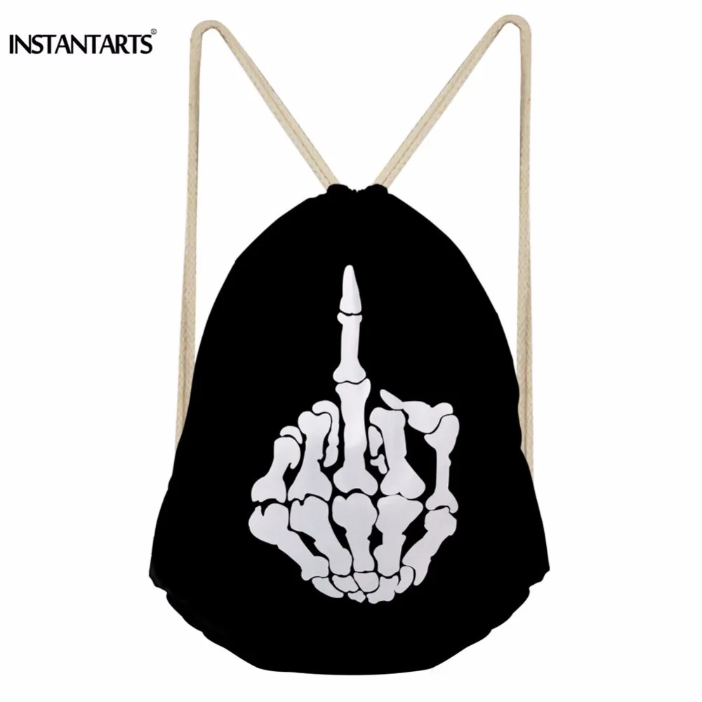 INSTANTARTS Men's Sports Bags Gymsack Punk Skull Middle Finger Printed Men Drawstring Bag Outdoor Athletic Storage Boy Beach Bag