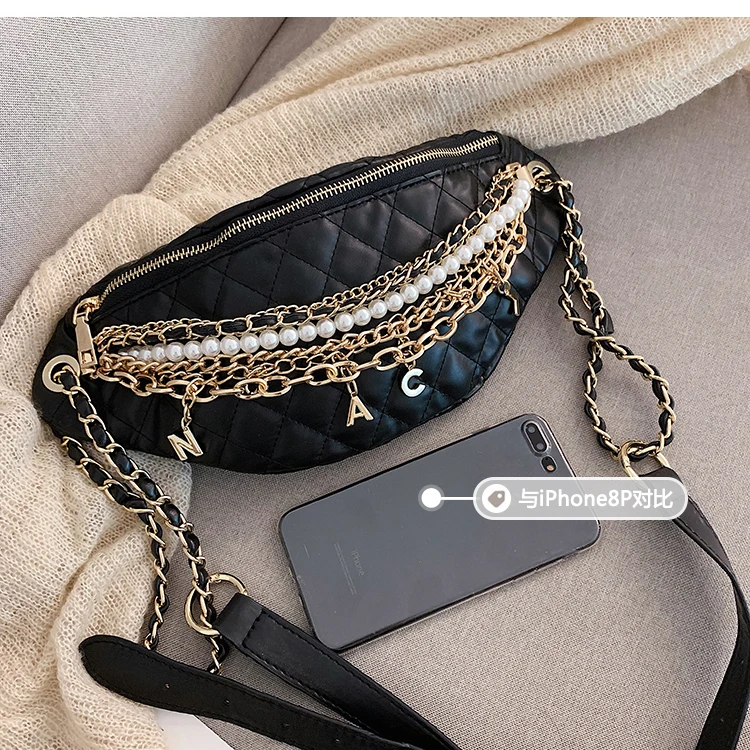 Cool Chain Gold Letters Plaid Leather Fanny Waist Pack Waist Bag Casusl Waterproof Antitheft Leather Muti-function Bag for Women