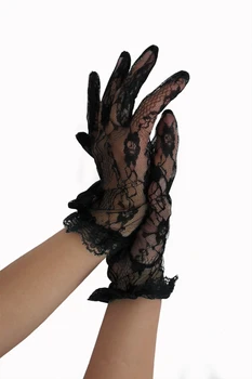 

PADEGAO women sexy prom wrist gloves black lace up hollow out gloves five finger party show gloves Jacquard Pattern Lace Gloves
