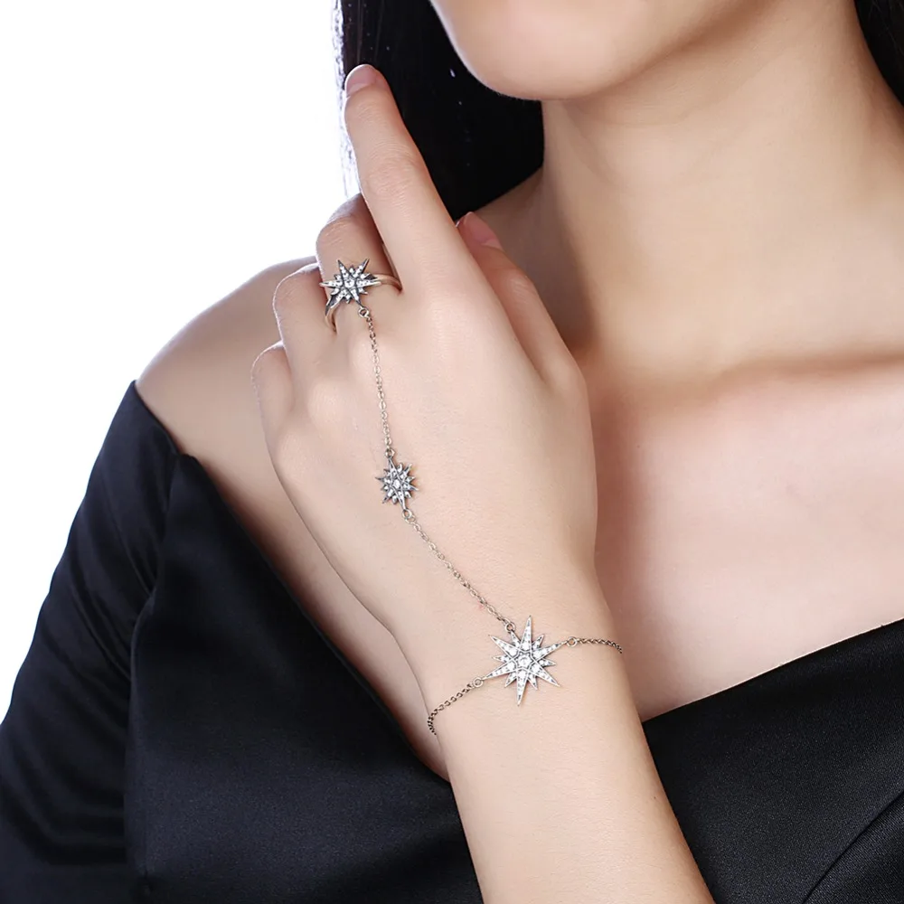 

S925 Sterling Silver Cosplay Bracelet Hand Back Chain Openning Ring One Chain Three Stars Inlay Zircon Vintage Charm Girl Gift