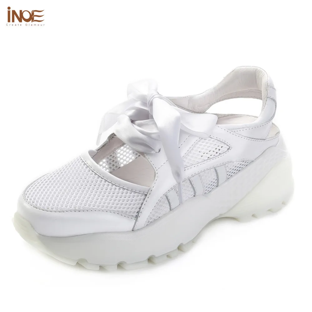

INOE 2018 women fashion sandals summer sneakers genuine leather mesh breathable summer shoes on the platform white free shipping