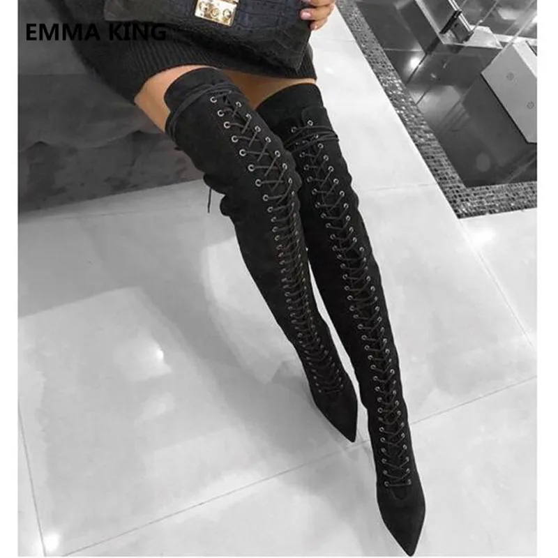 

Rome Style Cross-Tied Over The Knee Boots Women Pointed Toe Sexy Flock High Heels Ladies Winter Shoes Woman Long Motorcycle Boot