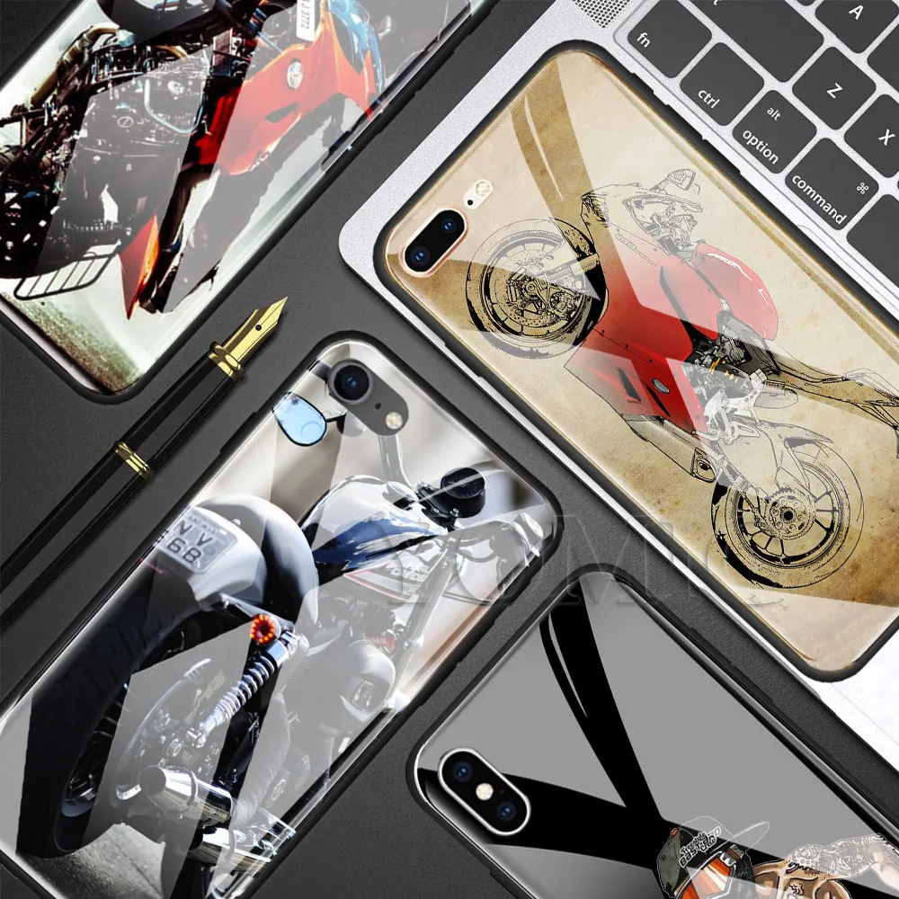 

Tempered Glass Phone Case for iPhone 7 8 Plus X XR XS MAX 6 6s Plus Cover Hot Vintage Motorcycle Sports Luxury Case