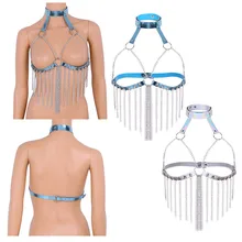 Women Fashion Dazzle Colour PVC Halter Neck Cupless and Backless Adjustable Chest Bust Harness Belt with Metal Chain Tassel Bra