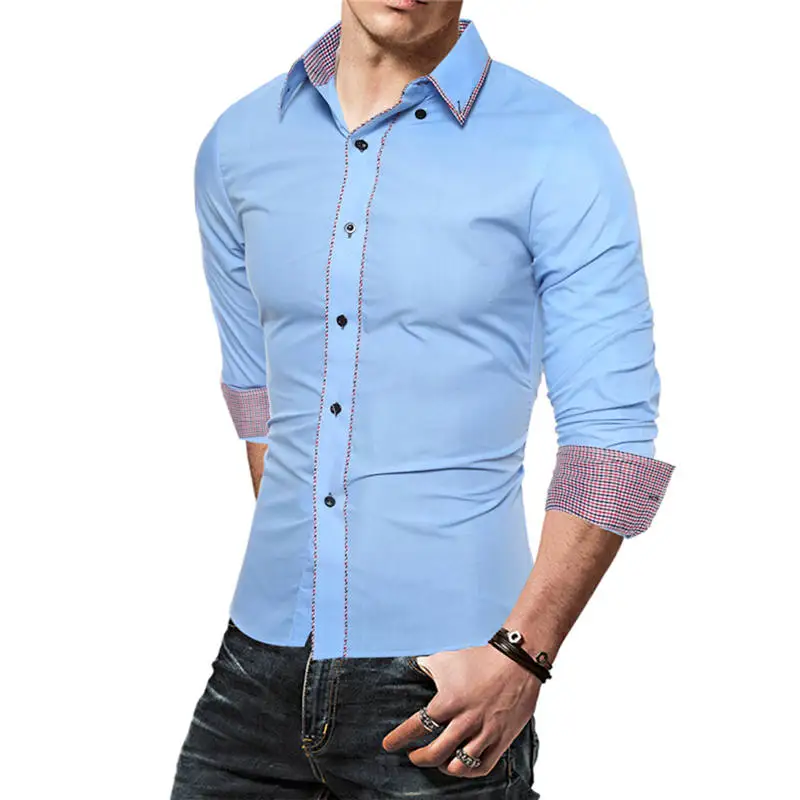 X-Future Men Long Sleeve Buttons Embroidery Lapel Business Slim Fit Casual Solid Shirts