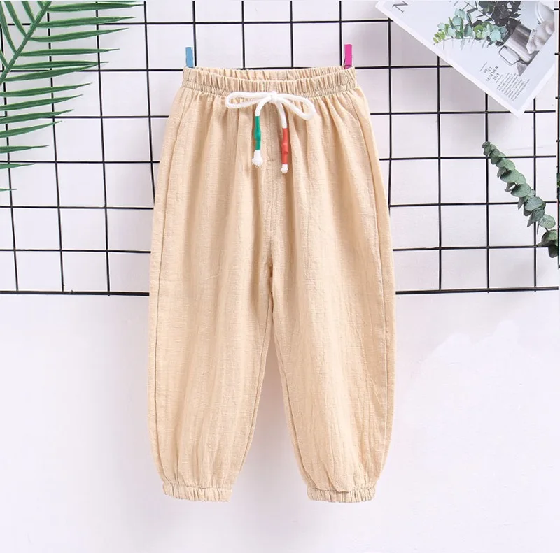 CROAL CHERIE/летние однотонные льняные детские штаны для маленьких мальчиков и девочек, штаны-шаровары для детей, детские брюки, 90-130 см - Цвет: beige