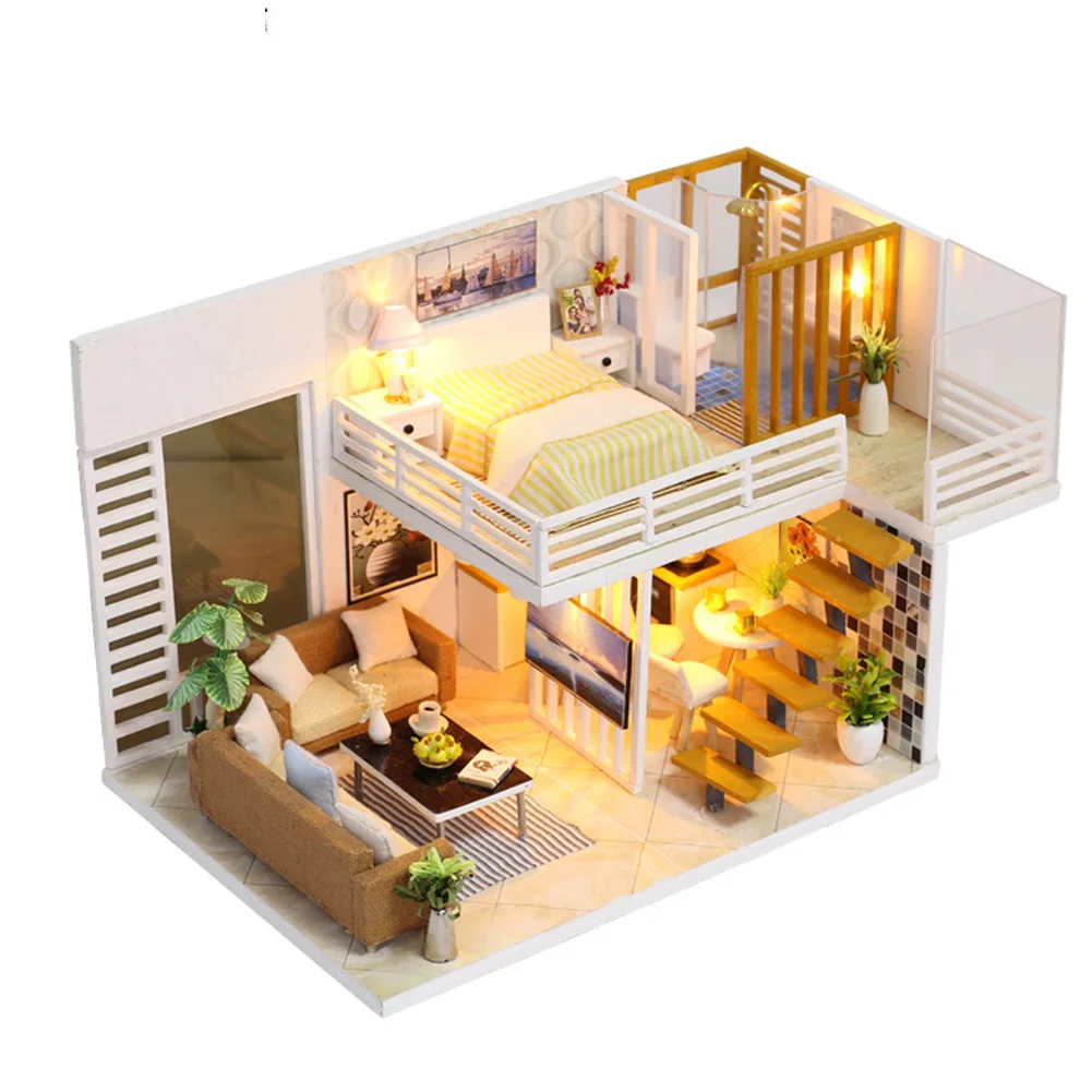 

Children Wooden Kit Gift Doll House Assembling Toy Christmas Miniature Furniture DIY LED Light K-031